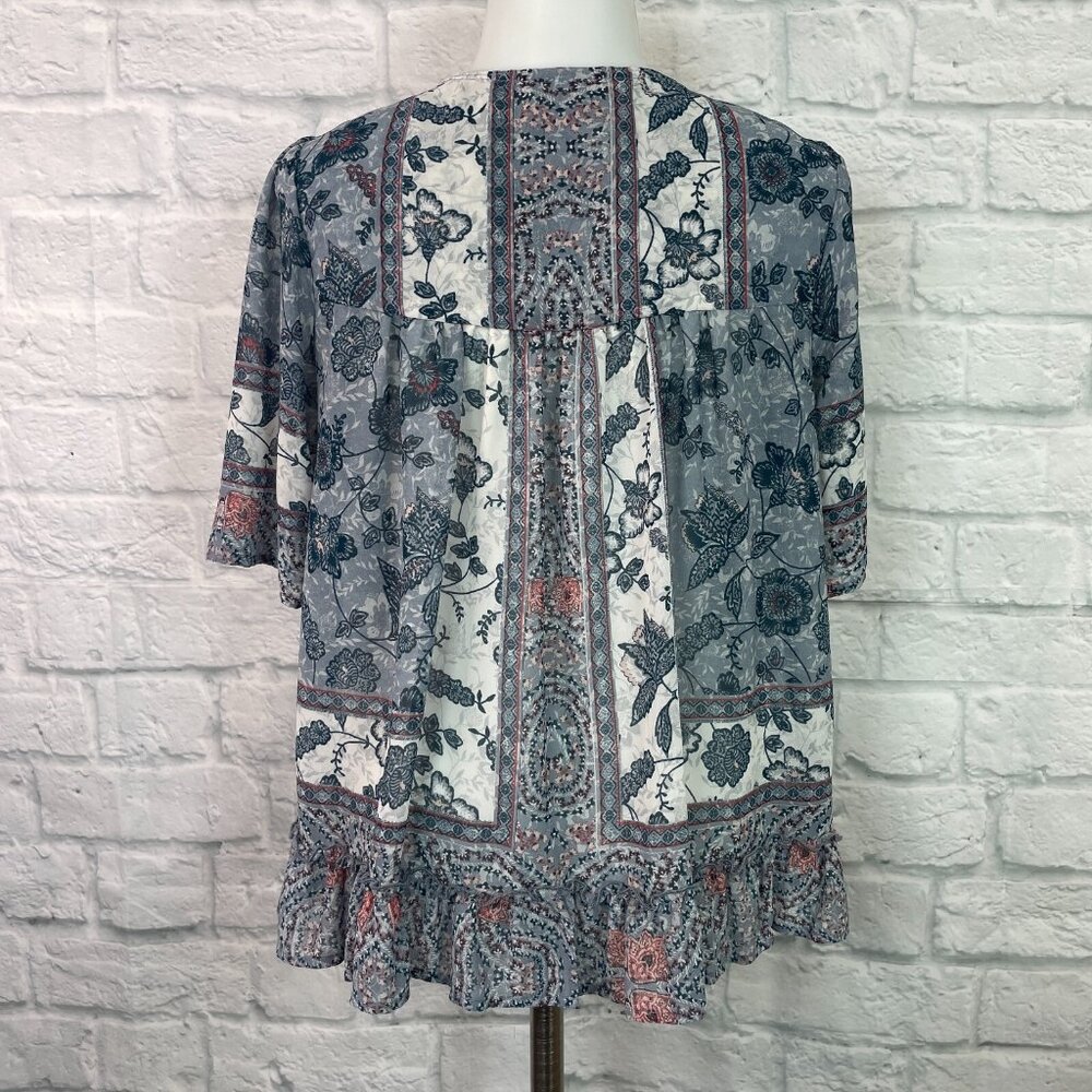 Knox‎ Rose Top XS Boho Floral Blue Short Sleeve Sheer Tie-Neck Blouse Women's - Picture 6 of 12